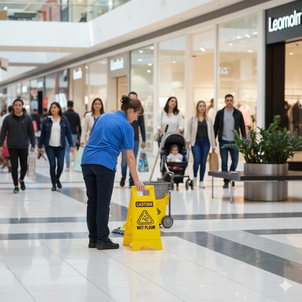 Commercial cleaning worker placing wet floor sign in a shopping centre, high foot traffic environment, realistic photography, professional tone, no branding, safety-focused image, Australian retail setting