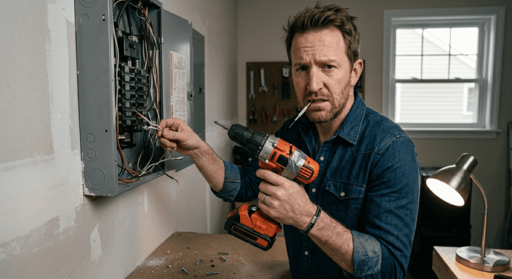 Man repairing damaged electrical box with broken drill - offsite work coverage insurance - public liability
