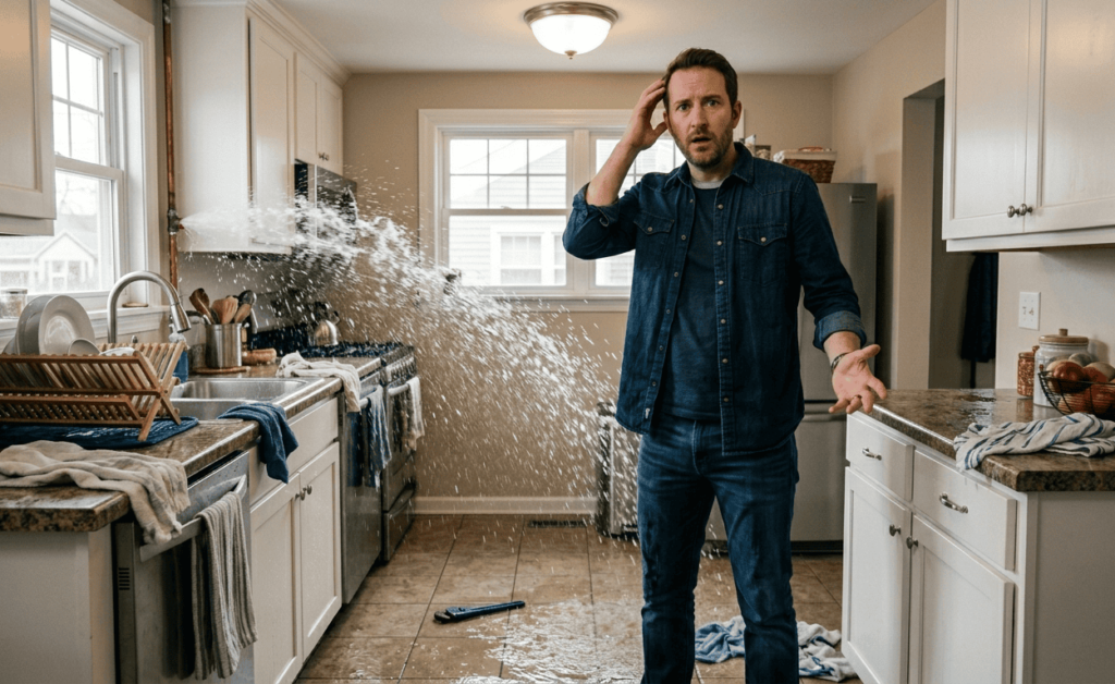 Man standing in clients home with a burst pipe - property damage - third-party property insurance