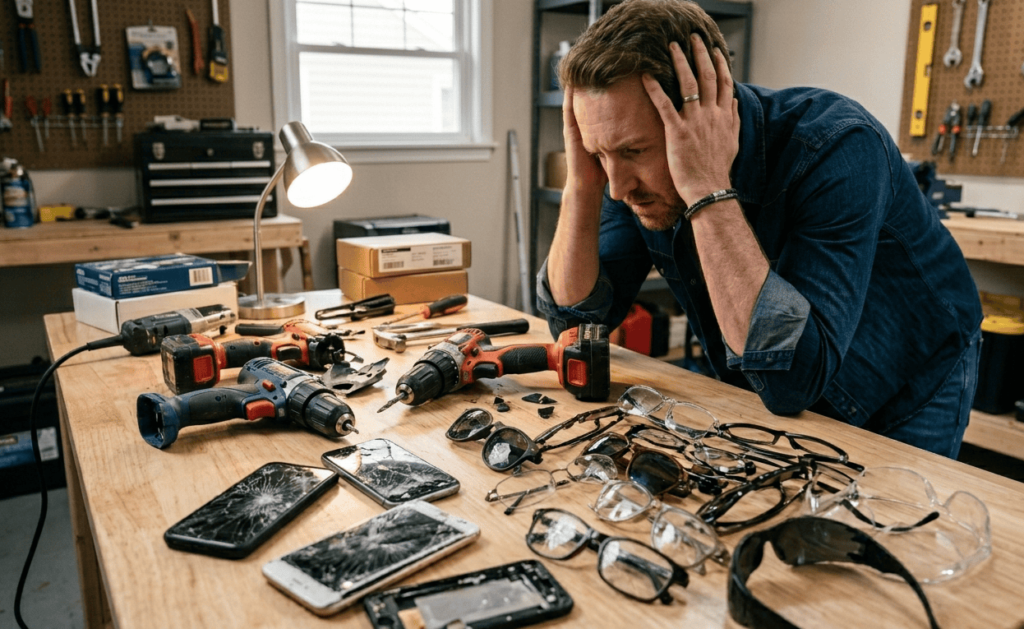 Man looking at broken products - faulty - products liability insurance