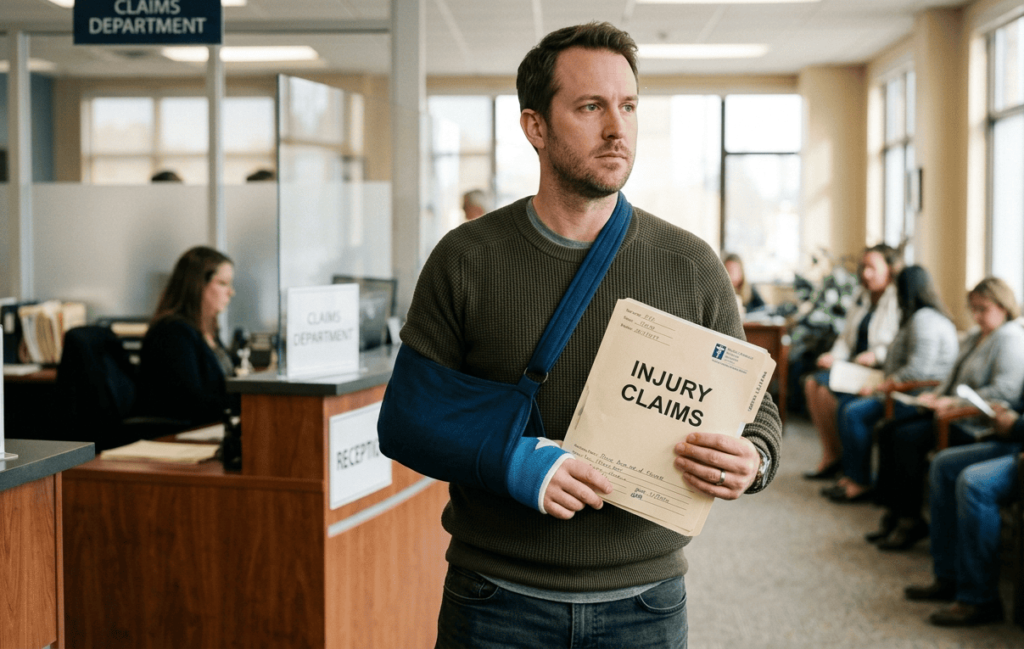 Man holding file reading Injury claims with broken hand - insurance